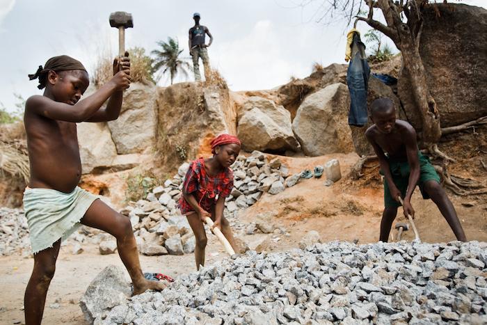 Child laborers at a rock quarry near the town of Makeni, Bombali District, Sierra Leone.