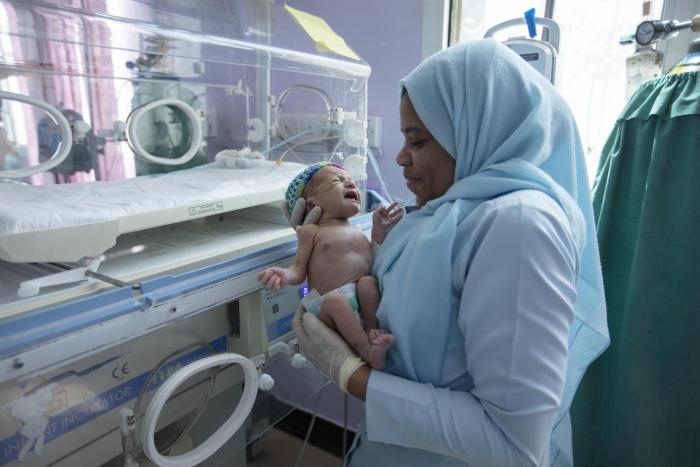 On 23 October 2019, nurse Hindia Al-Zoubah checks on a 5-day-old baby girl who is making good progress in the neonatal intensive care unit at the Al Sabeen Maternal Hospital in Sana’a, Yemen.