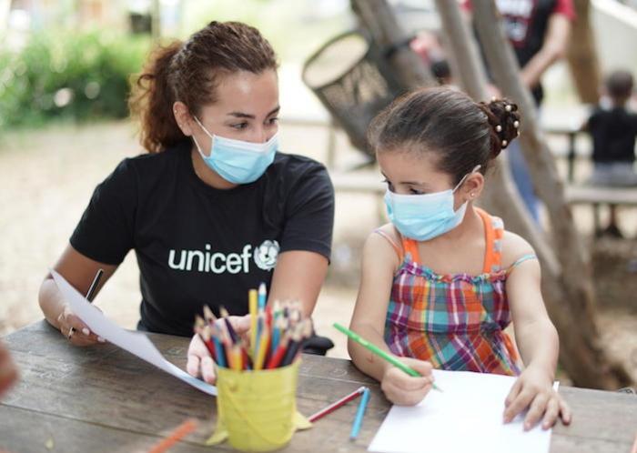 On September 1, 2020,a Lebanese girl participates in psychosocial activities at the UNICEF's Child-Friendly Space at the Karantina public garden in Beirut, Lebanon.