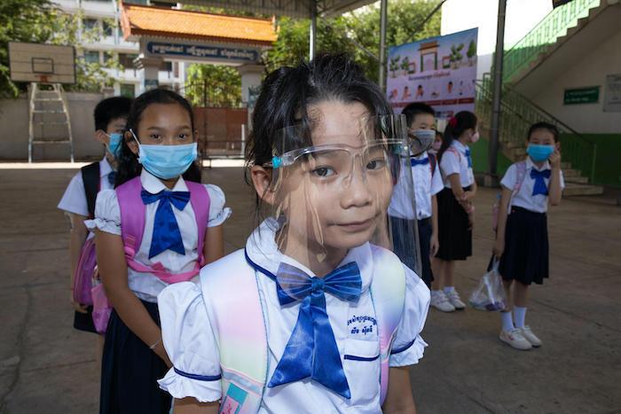 Students at Preah Norodom Primary School, Phnom Penh, Cambodia during their second day of school re-opening. 