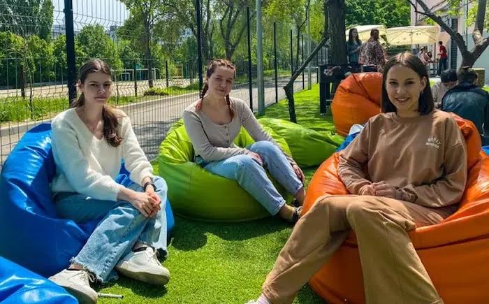 Kira, Arina and Sofia, three teenagers from Ukraine, are learning about social entrepreneurship by participating in the UNICEF-supported UPSHIFT program. Kira, Arina and Sofia, three teenagers from Ukraine, are learning about social entrepreneurship by participating in the UNICEF-supported UPSHIFT program.