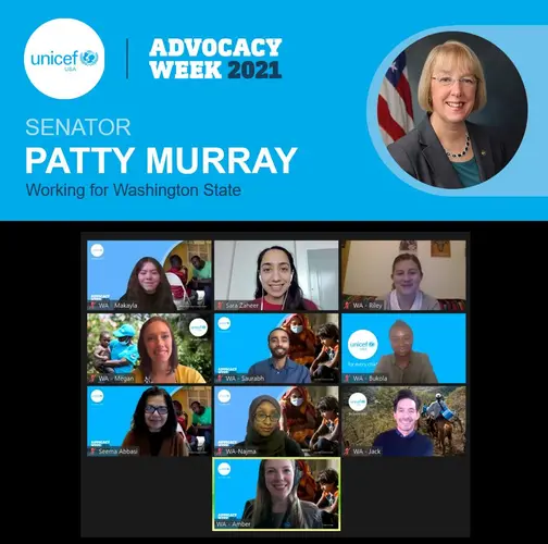 UNICEF USA volunteers meet with Sen. Patty Murray's (D-WA) office to advocate for UNICEF FY22 appropriations and girl's education. UNICEF USA volunteers meet with Sen. Patty Murray's (D-WA) office to advocate for UNICEF FY22 appropriations and girl's education.
