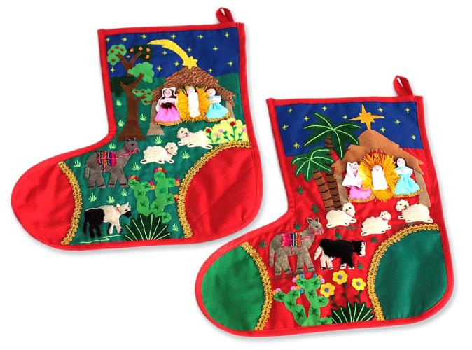 Folk Art Cotton Applique Christmas Stockings (Pair), &#039;Holy Night&#039;