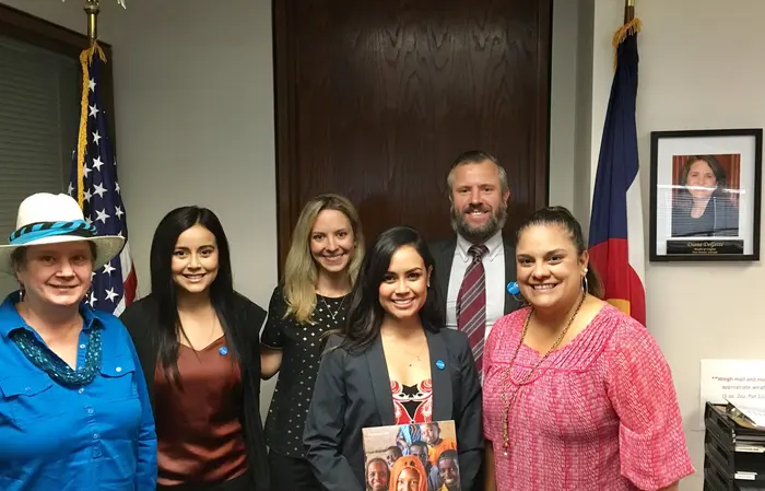Denver CAT Members (left to right) Sara Marsden, Andrea Colmenero, Kristen Norton, Alejandra Colmenero, and Greg Collins meeting with Senior Congressional Aide to Rep. Diana DeGette, Stephanie Davila-Syner