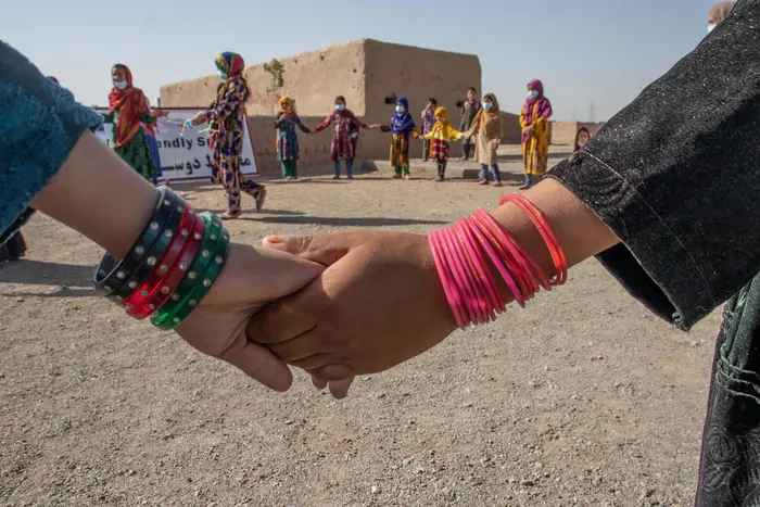 Kids gather for activities at a Child-Friendly Space UNICEF supports at an IDP camp outside Herat city, Afghanistan.