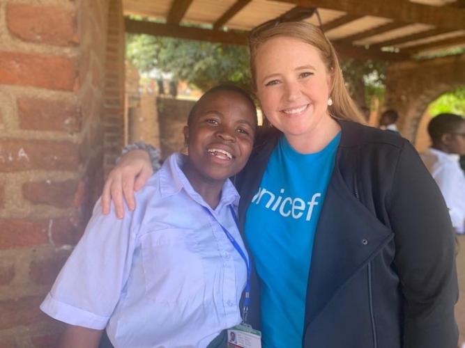 UNICEF USA Director of Public Relations Lauren Davitt visited student Joyce Chisale, a student in Malawi who graduated from high school with support from the K.I.N.D. Fund.