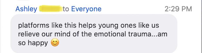 A comment posted during a recent "Beyond the Stigma" youth mental health Zoom workshop co-moderated by peer mentors trained by the Arthur Ashe Institute for Urban Health, a UNICEF USA partner.