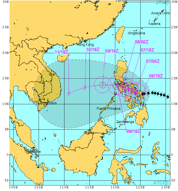 Typhoon Hagupit (Ruby) is expected to take several days to cross the Philippines. The predicted track is shown here.